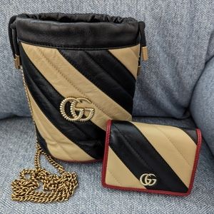 SOLD!  Gucci Marmont Torchon Diagonal Striped Bucket Bag & Wallet Vintage Effect